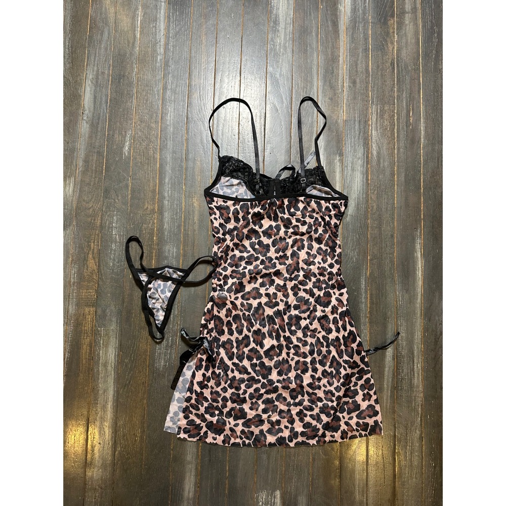 Leopard Print Mesh Chemise Lingerie Set with Lace Trim and Ribbon Ties - Picture 3 of 4